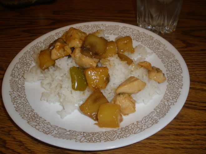 eggplant, bell pepper, chicken, and pineapple